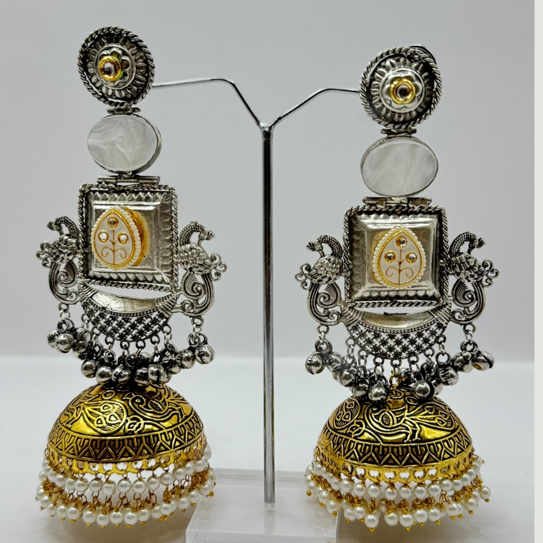 Beautiful Latest Design With Silver And Gold Plated Peacock Design Pearl And Stone Work Very Light Weight Jhumka Earrings