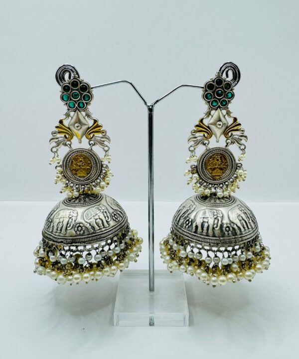 Beautiful Latest Design With Silver And Gold Plated Elephant Design Pearl And Stone Work Very Light Weight Jhumka Earrings