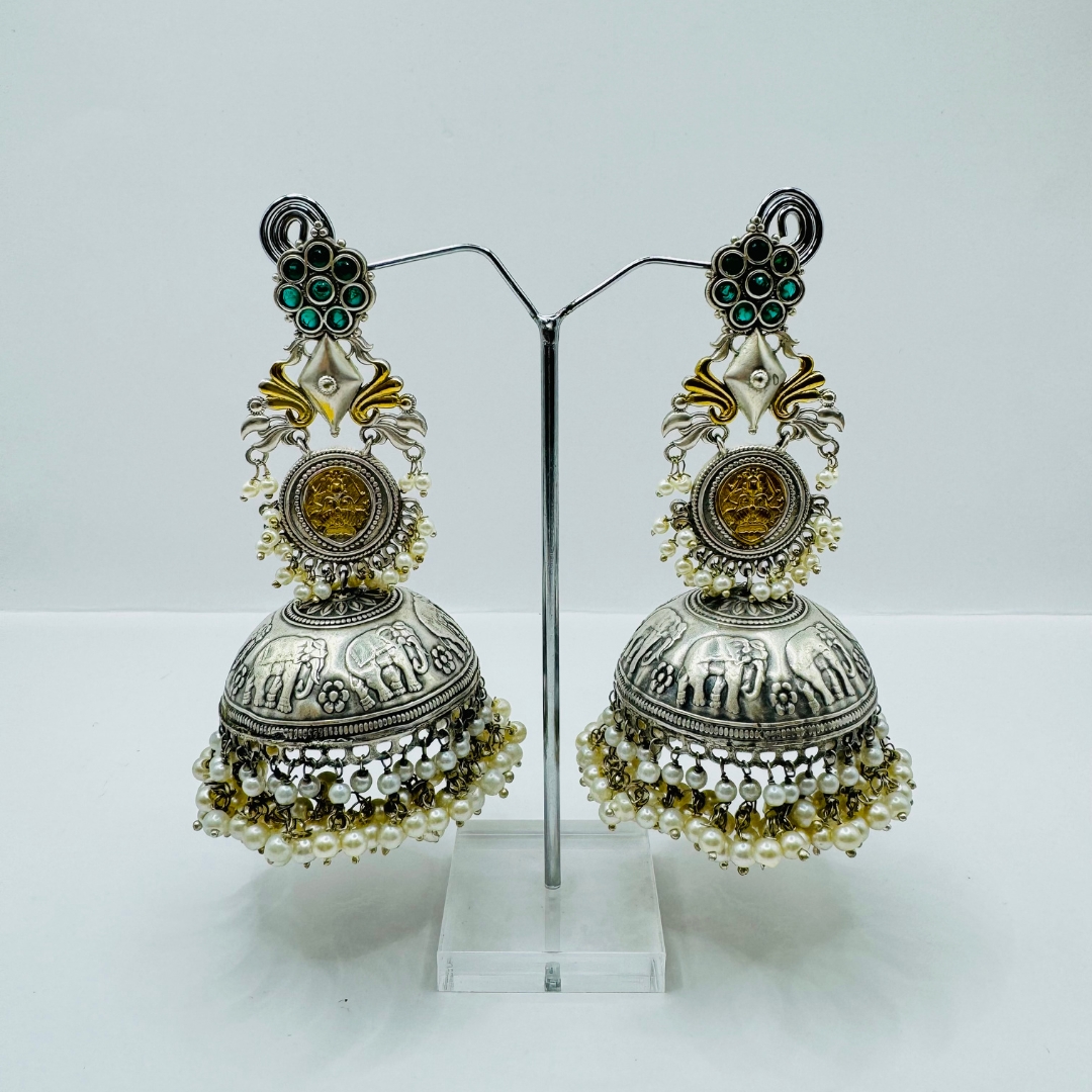 Beautiful Latest Design With Silver And Gold Plated Elephant Design Pearl And Stone Work Very Light Weight Jhumka Earrings