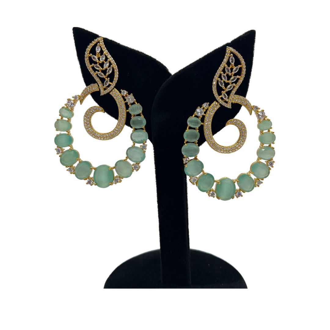 Beautiful Gold With Mint Green Stone American Diamond Earrings