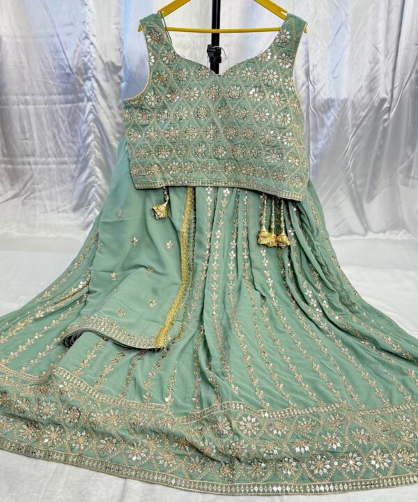 Pure Georgette Designer Embroidery Work Crop Top Blouse With Full Flared Heavy Ken Ken Lehenga Comes With Matching Embroidery And Lace Work Dupatta