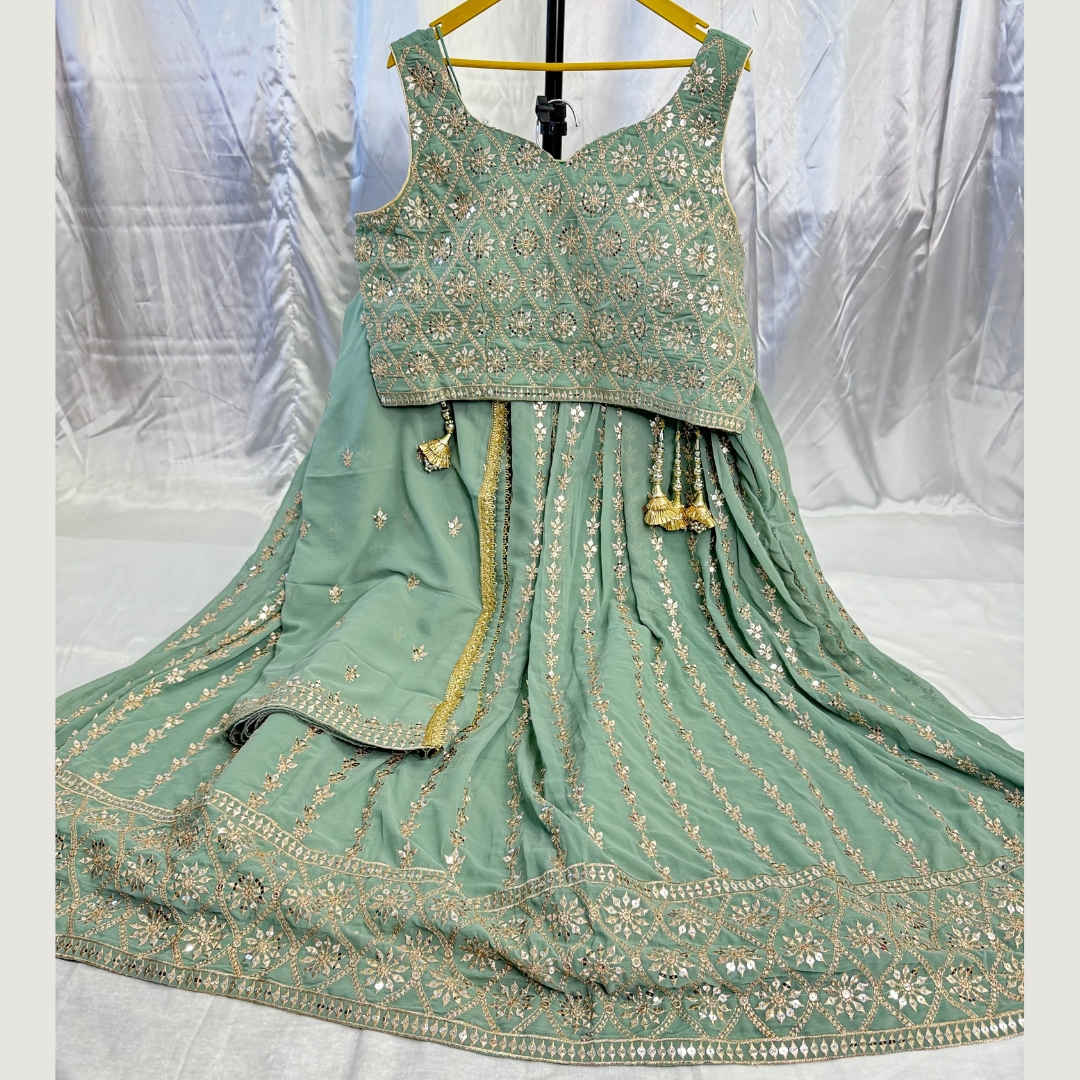 Pure Georgette Designer Embroidery Work Crop Top Blouse With Full Flared Heavy Ken Ken Lehenga Comes With Matching Embroidery And Lace Work Dupatta