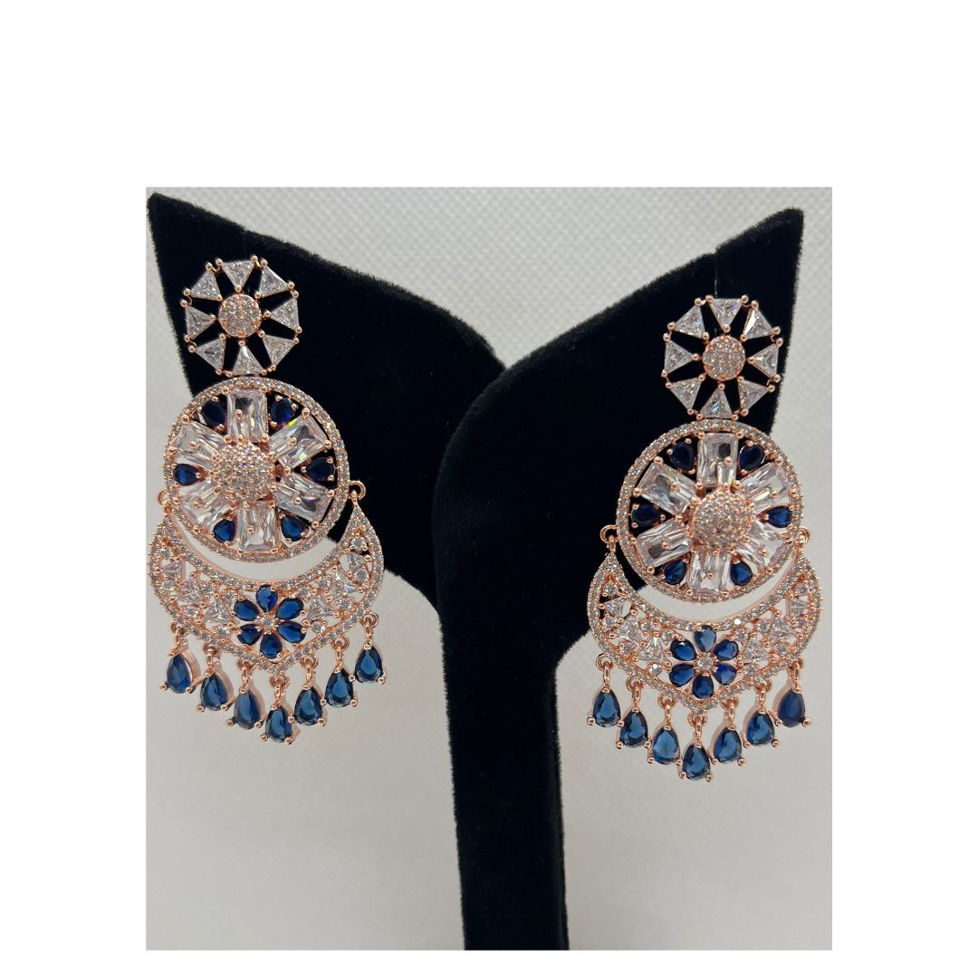 Beautiful Rose Gold Blue Stone American Diamond  Earrings Drops