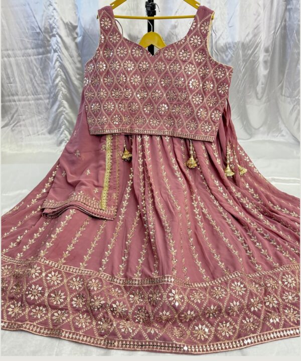 Pure Georgette Designer Embroidery Work Crop Top Blouse With Full Flared Heavy Ken Ken Lehenga Comes With Matching Embroidery And Lace Work Dupatta