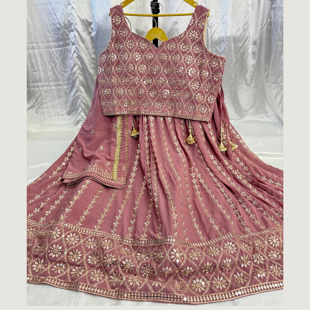 Pure Georgette Designer Embroidery Work Crop Top Blouse With Full Flared Heavy Ken Ken Lehenga Comes With Matching Embroidery And Lace Work Dupatta