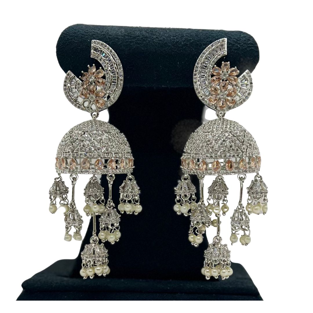Beautiful Silver Stone With Rose Gold Stone  American Diamond Jhuma Earrings