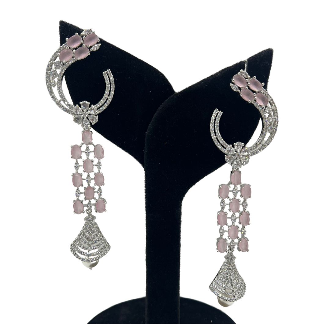 (Sold) Beautiful Stylish Silver and Pink stone American Diamond Earrings