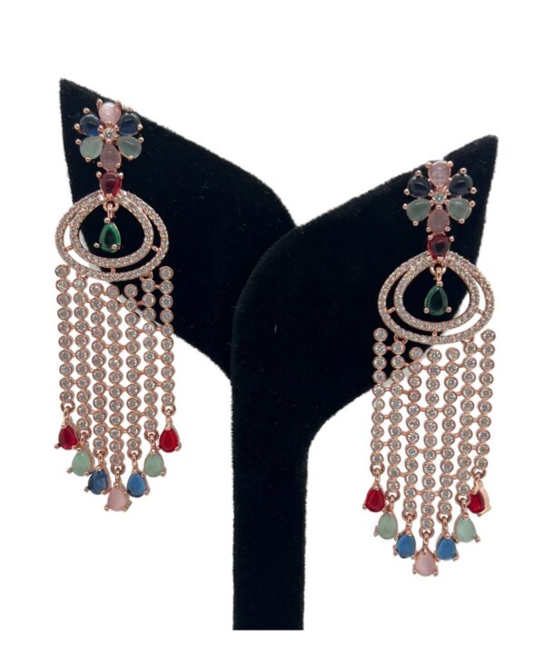 Beautiful Rose Gold With Multi-Color Stone Stunning Designer Long American Diamond Earrings
