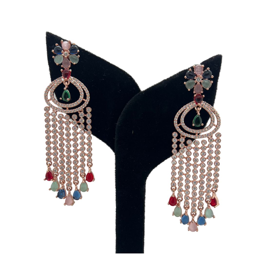 Beautiful Rose Gold With Multi-Color Stone Stunning Designer Long American Diamond Earrings