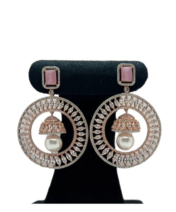 Beautiful Rose Gold With Pink Stone and Hanging Pearl American Diamond Earrings