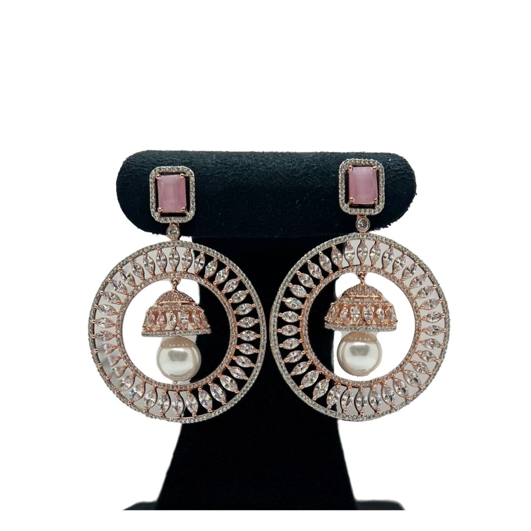 Beautiful Rose Gold With Pink Stone and Hanging Pearl American Diamond Earrings