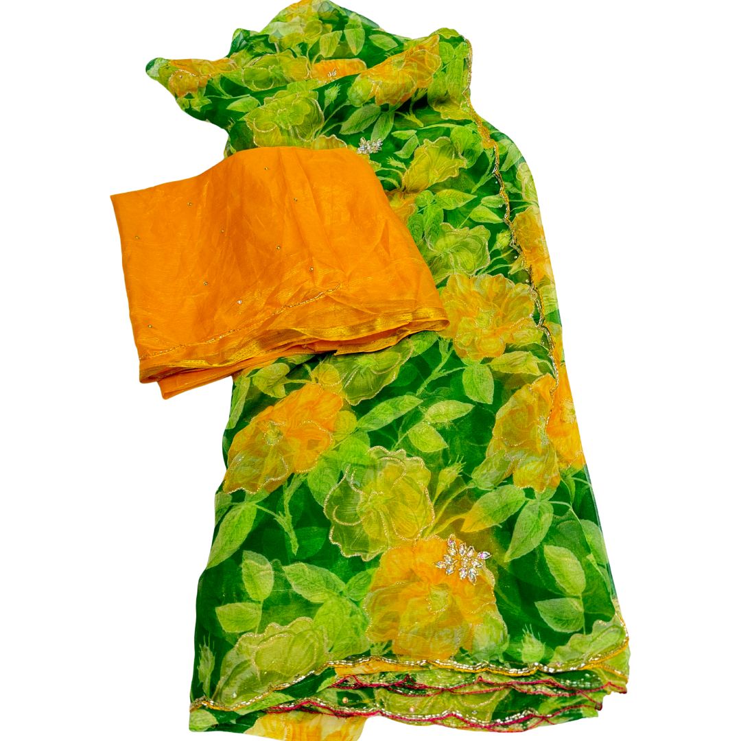 (SOLD) Beautiful georgette green with yellow floral Printed Saree with hand work