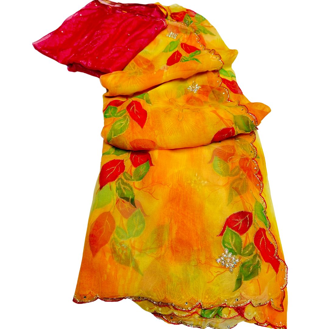 (Sold) Beautiful georgette mango yellow  with green leafy Printed Saree with hand work