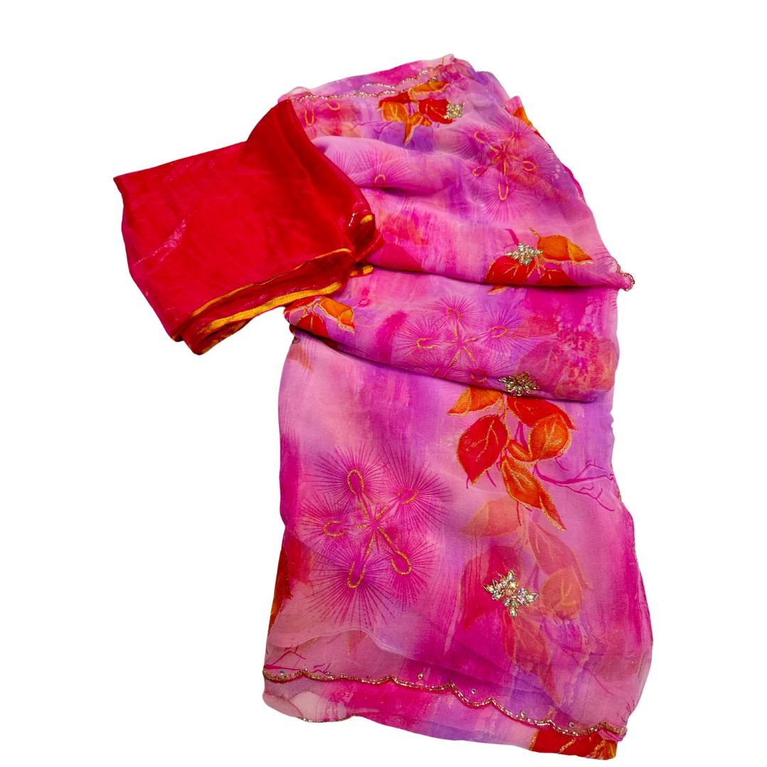 Beautiful georgette pink with floral Printed Saree with hand work