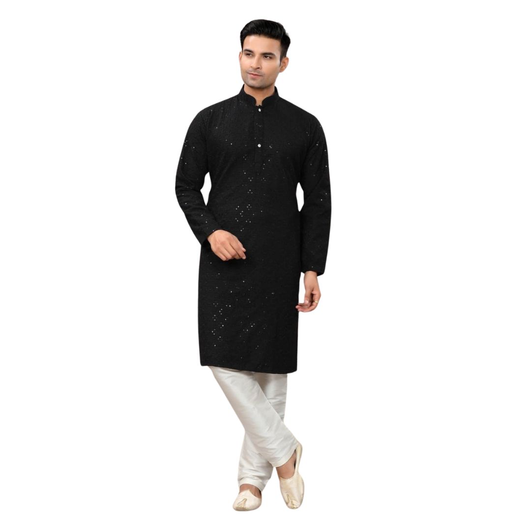 RAYON BASED FABRIC BLACK COLOR HEAVY EMBROIDERY AND SEQUIENCE WORK DESIGNER KURTA AND PAJAMA