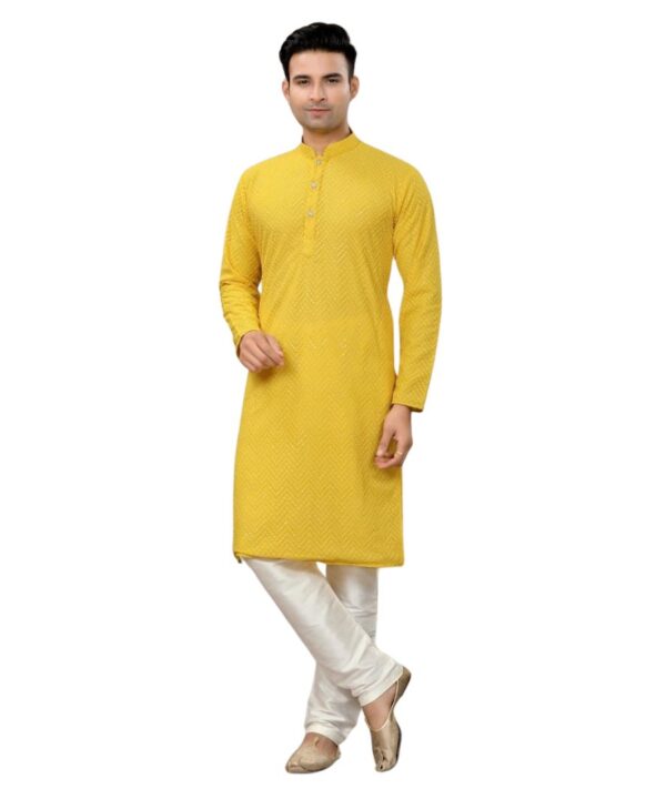 RAYON BASED FABRIC YELLOW  COLOR HEAVY EMBROIDERY AND SEQUIENCE WORK DESIGNER KURTA AND PAJAMA