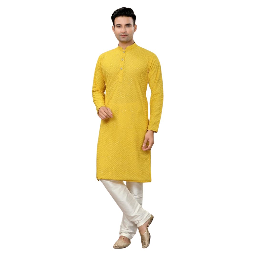 RAYON BASED FABRIC YELLOW  COLOR HEAVY EMBROIDERY AND SEQUIENCE WORK DESIGNER KURTA AND PAJAMA