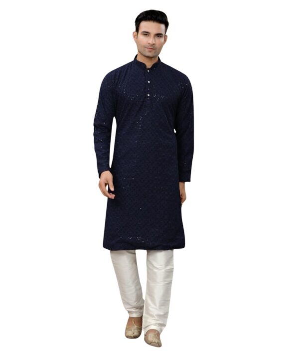 RAYON BASED FABRIC NAVY BLUE COLOR HEAVY EMBROIDERY AND SEQUIENCE WORK DESIGNER KURTA AND PAJAMA