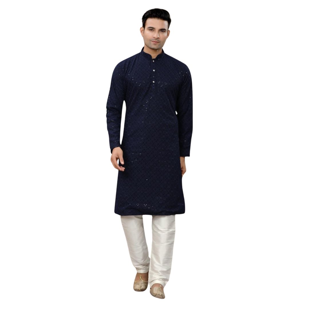 RAYON BASED FABRIC NAVY BLUE COLOR HEAVY EMBROIDERY AND SEQUIENCE WORK DESIGNER KURTA AND PAJAMA