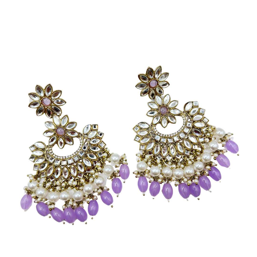BEAUTIFUL LAVENDER COLOR KUNDAN WITH STONE AND PEARL WORK EARRINGS