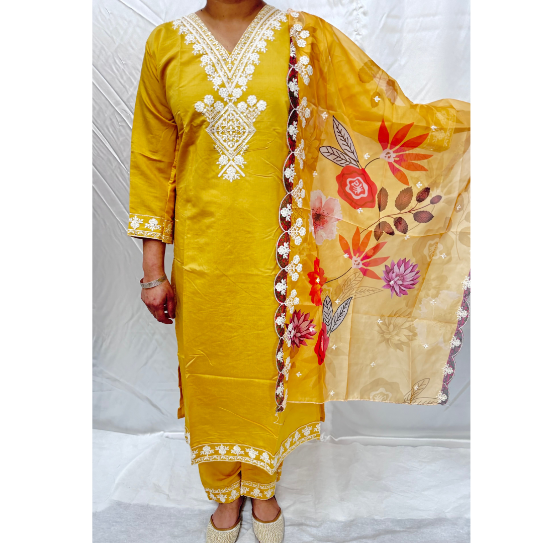 MUSTARD COLOR COTTON SILK FABRIC WITH EMBROIDERY AND SEQUENCE WORK ON KURTI COMES WITH MATCHING PANT PRINTED EMBROIDERY DUPATTA