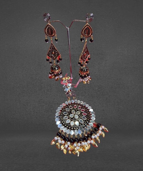 Marron And Golden Mirror Earrings with tikka Set