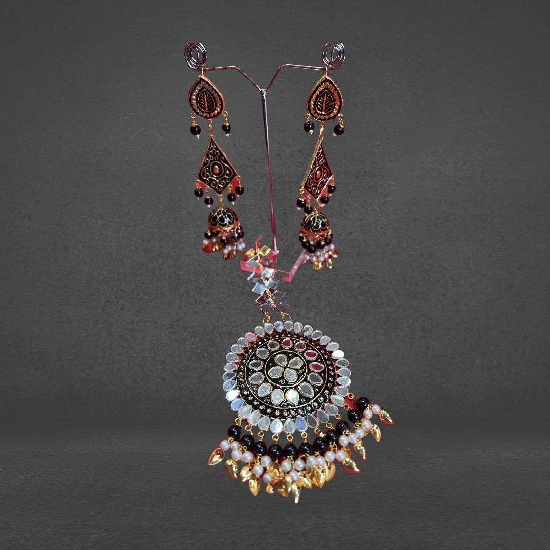 Marron And Golden Mirror Earrings with tikka Set