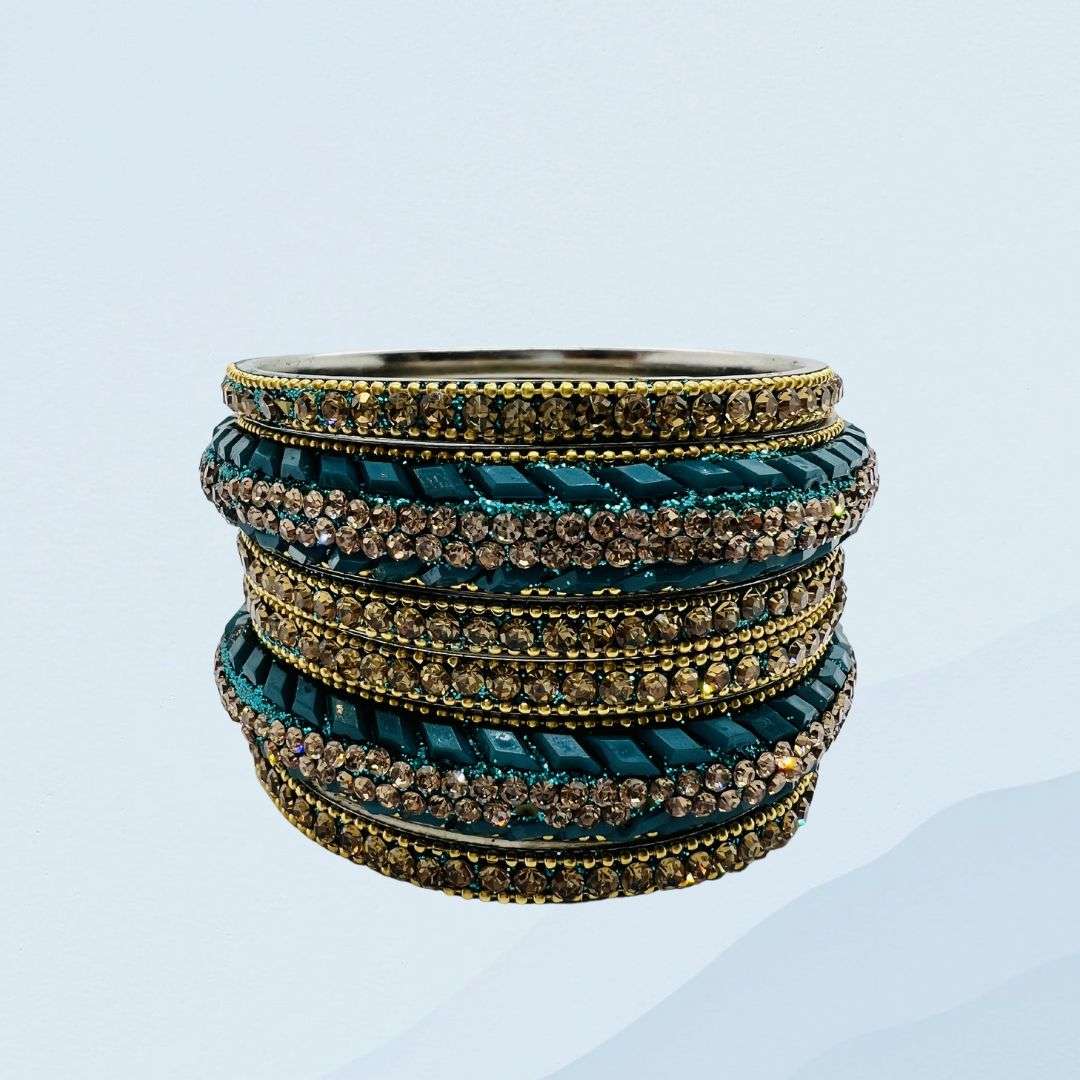 Green Crystal Stone Work Metal Bangles Set