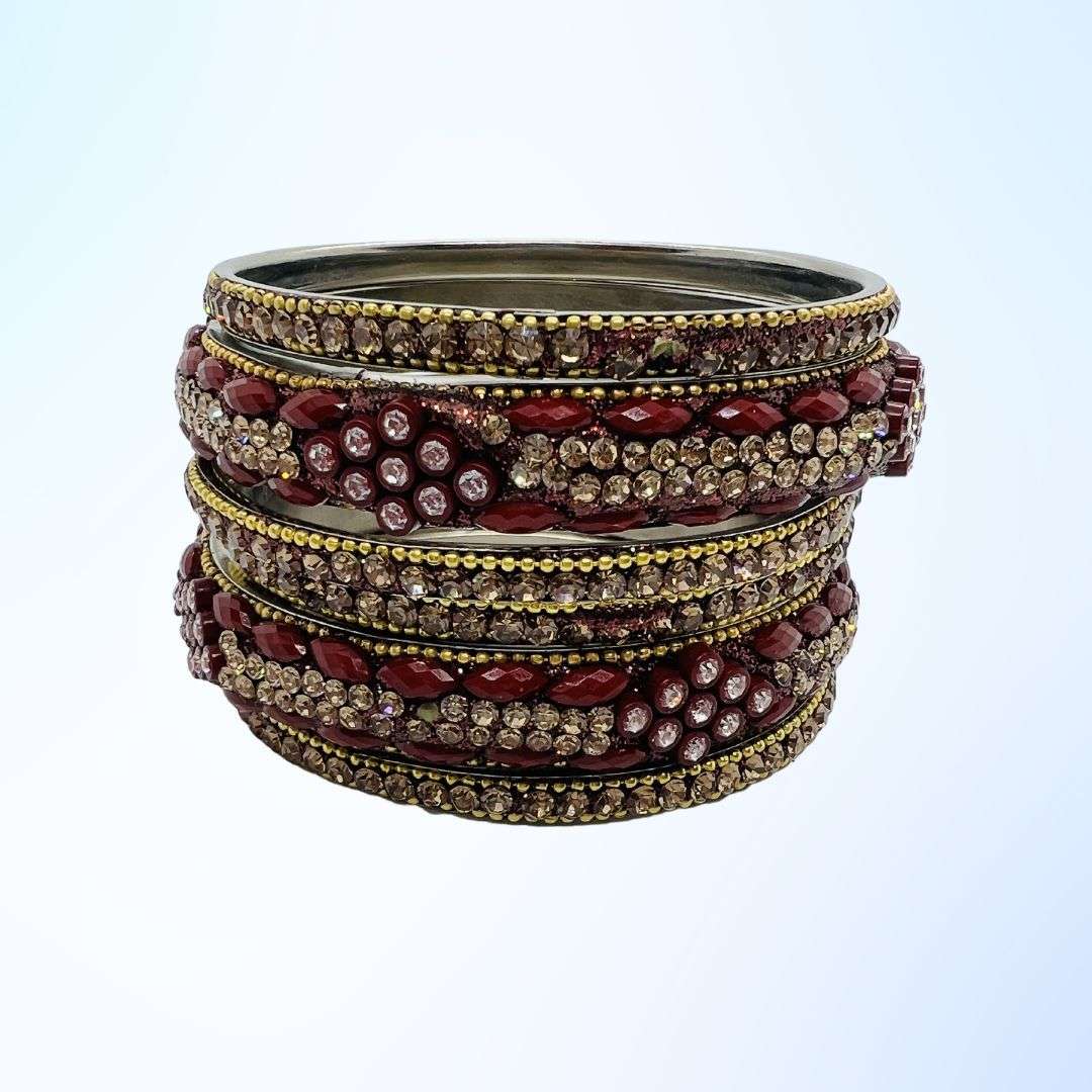 Maroon and Golden color Stone Work Metal Bangles Set