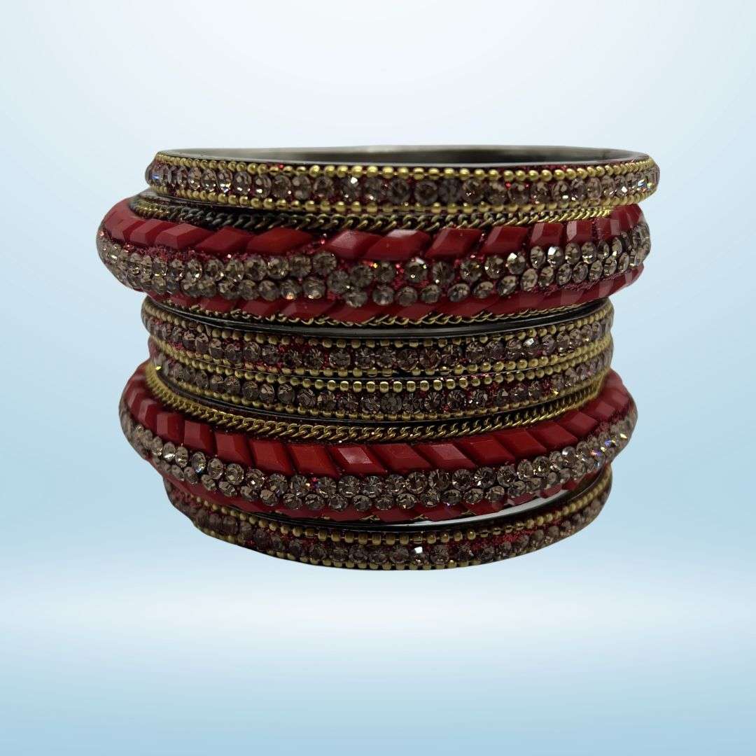 Red and Golden color Stone Work metal Bangle Set