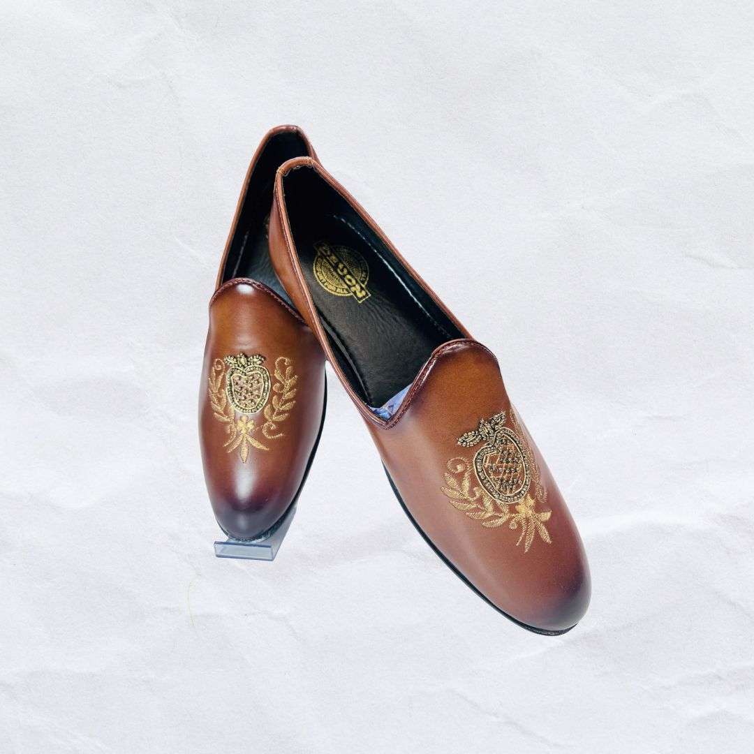 Brown Pure Leather Leather Embroidered Formal Shoes