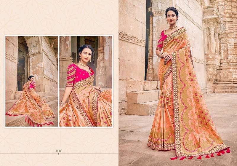 (SOLD) Trendy peach color dola silk saree with contrast blouse