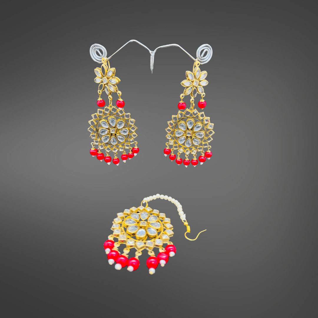 Wedding Pearl Earrings Set with Tikka Golden Bridal Earring Kundan