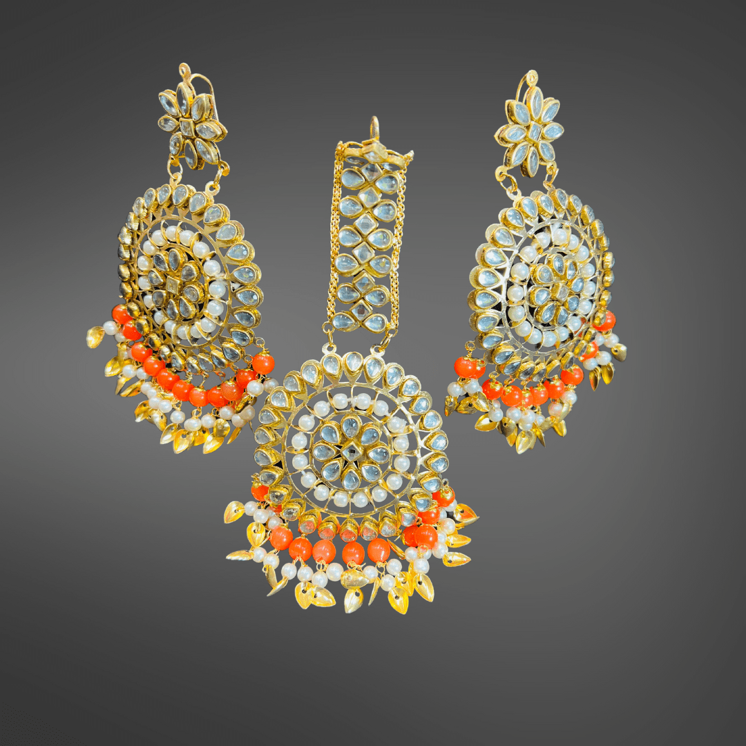 Gold Plated Orange Kundan Floral Drop Earrings for Women
